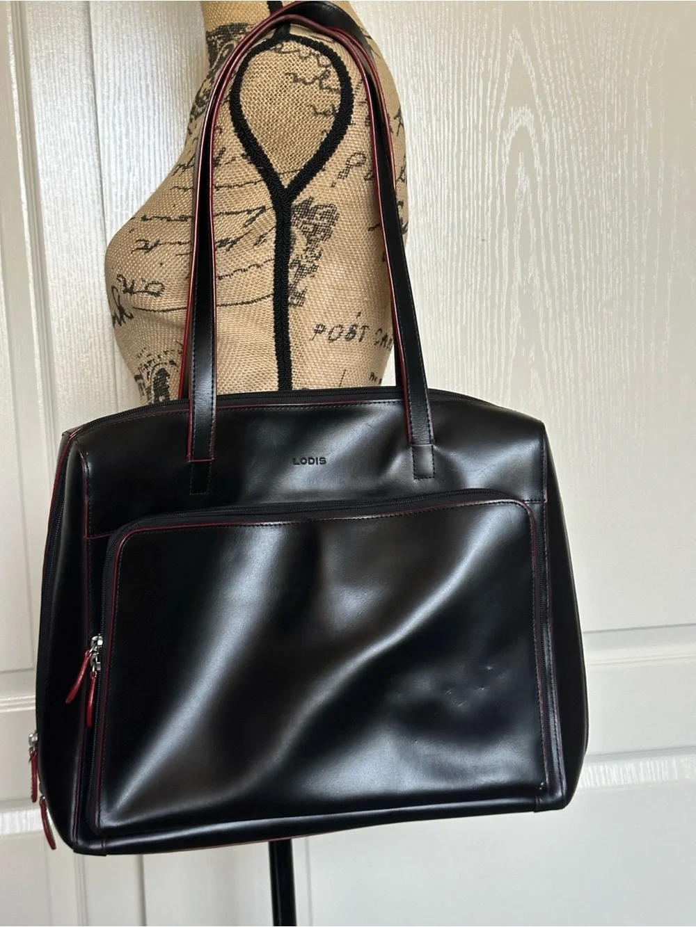 Lodis Black Leather Tote Bag with Red Trim